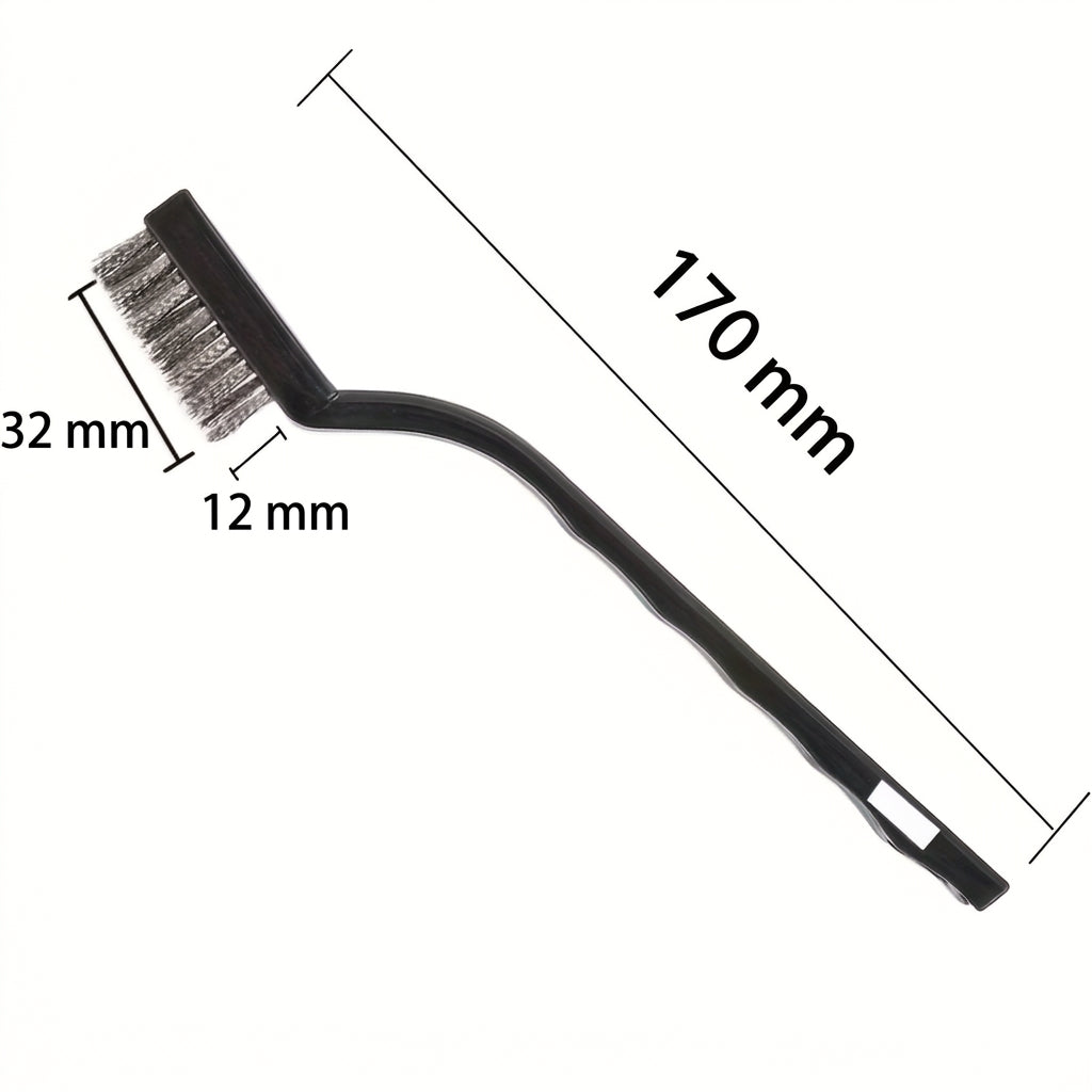 Drátěný kartáček z nerezové oceli s černou plastovou rukojetí, celková délka 170 mm, hlava 32 × 12 mm