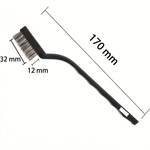 Drátěný kartáček z nerezové oceli s černou plastovou rukojetí, celková délka 170 mm, hlava 32 × 12 mm