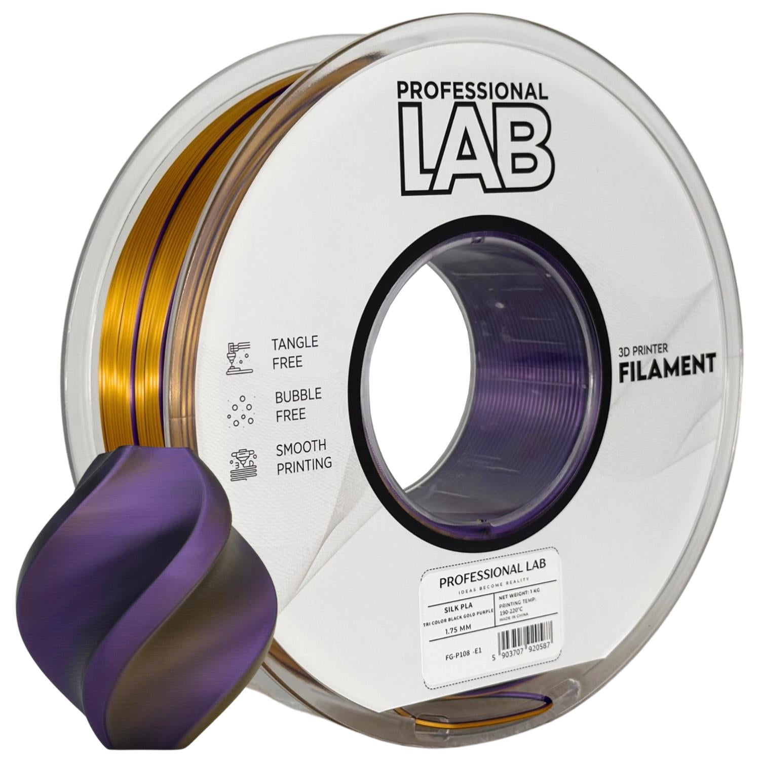 Cívka filamentu Silk PLA Tri Color černá zlatá fialová, Prof. Lab, 1,75 mm