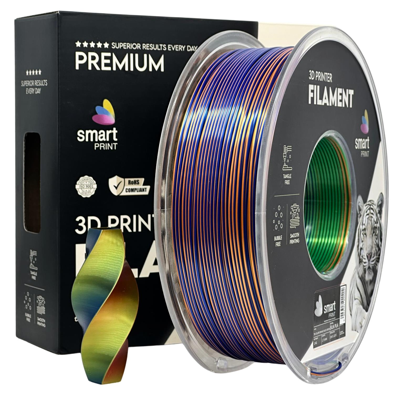 Cívka filamentu Silk PLA Tri Color oranžová modrá zelená, Smart Print, 1,75 mm