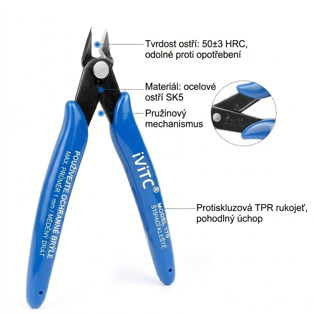 Parametry štípacích kleští iViTC 170, ostří SK5 o tvrdosti 50±3 HRC, pružinový mechanismus a TPR rukojeť